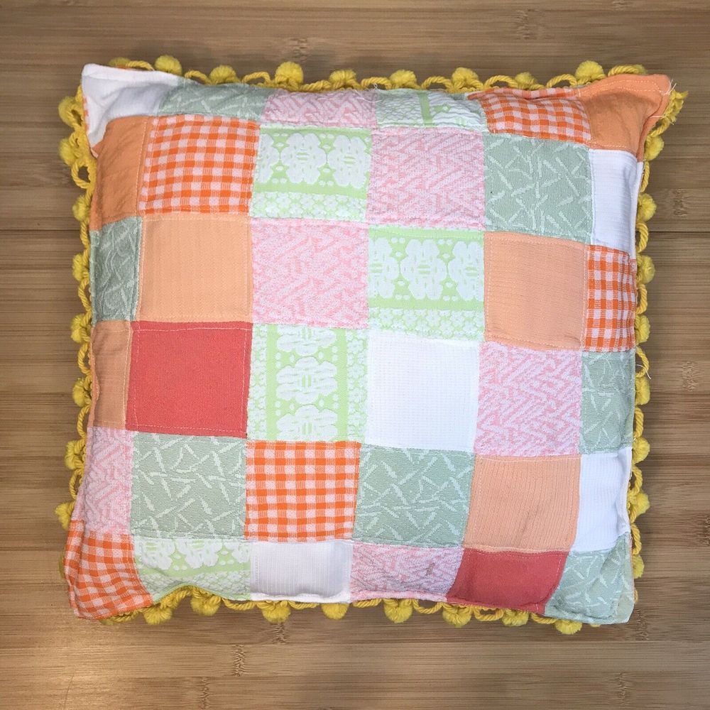 Boho Hippoe Granny Grandma Quilt Throw Accent Pillow with Pom-poms